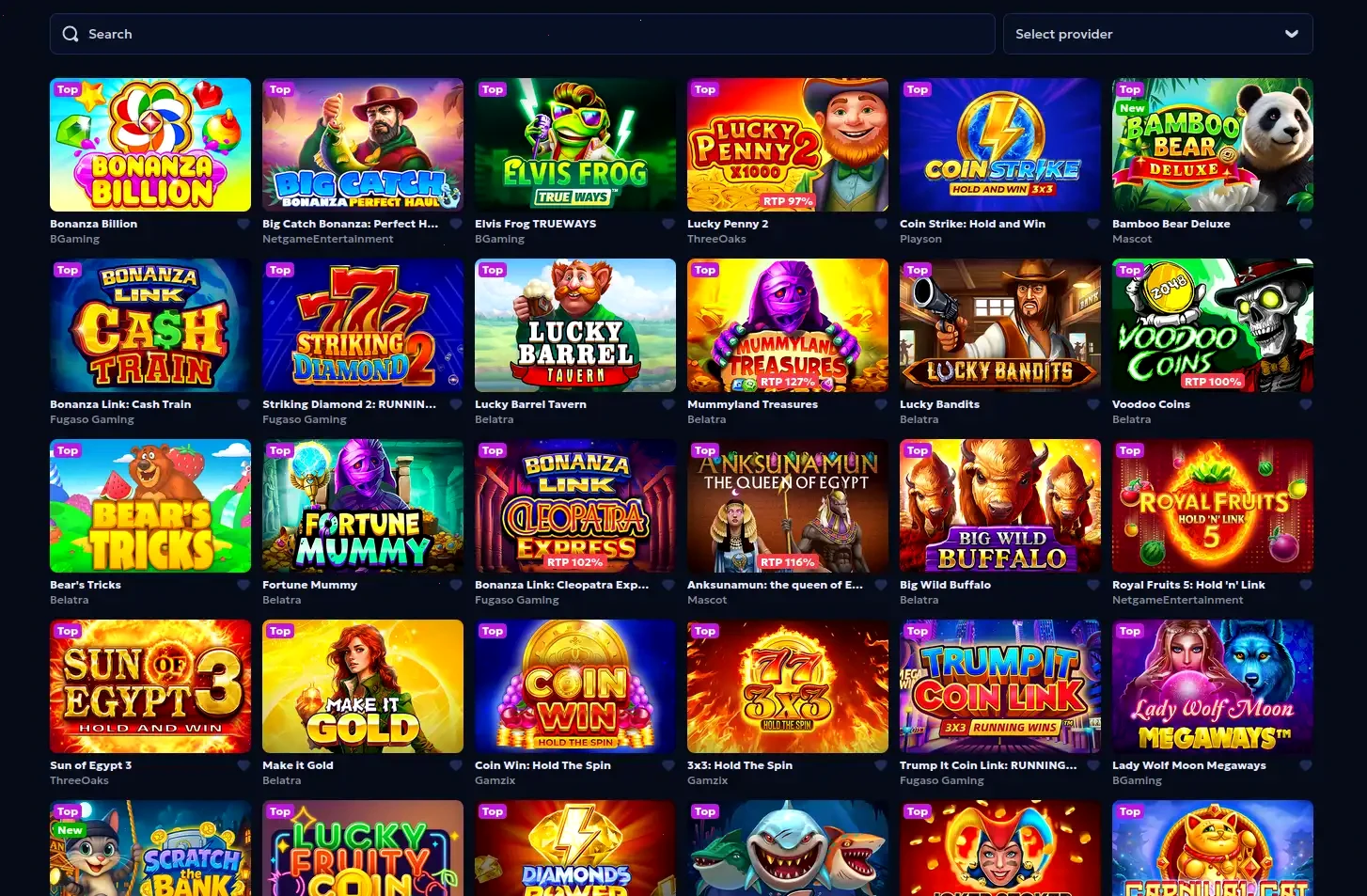 Interface du casino Nirvana
